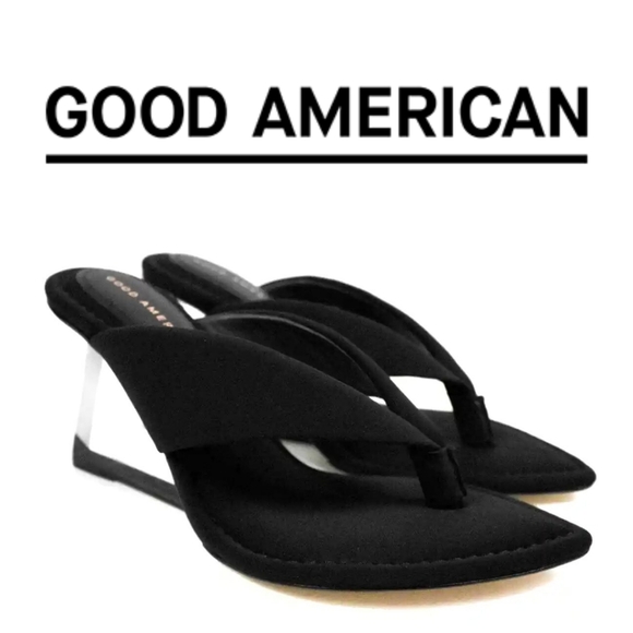 Good American Shoes - NEW.  Good American Cinder-f*king-rella Black Thong Clear Sandal Wedges